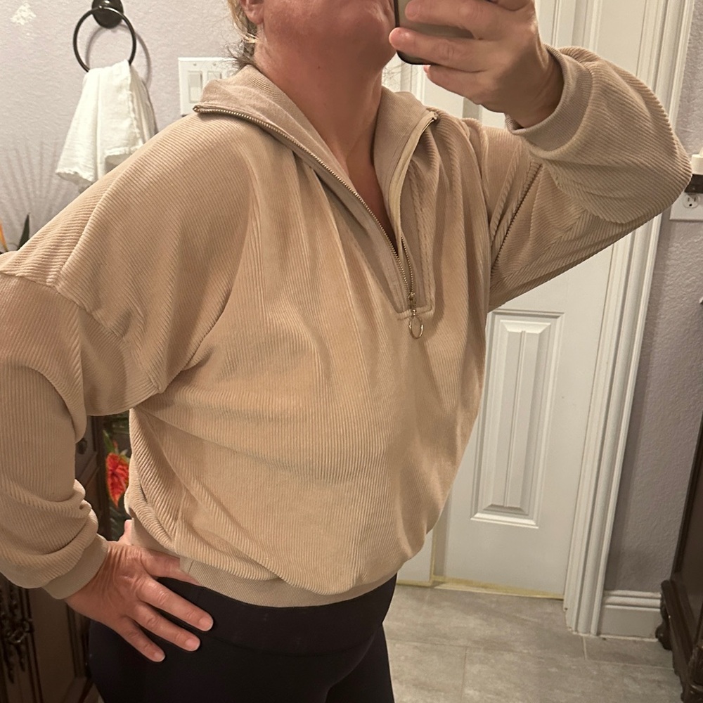 Camel Beige corduroy quarter-zip Crop Top